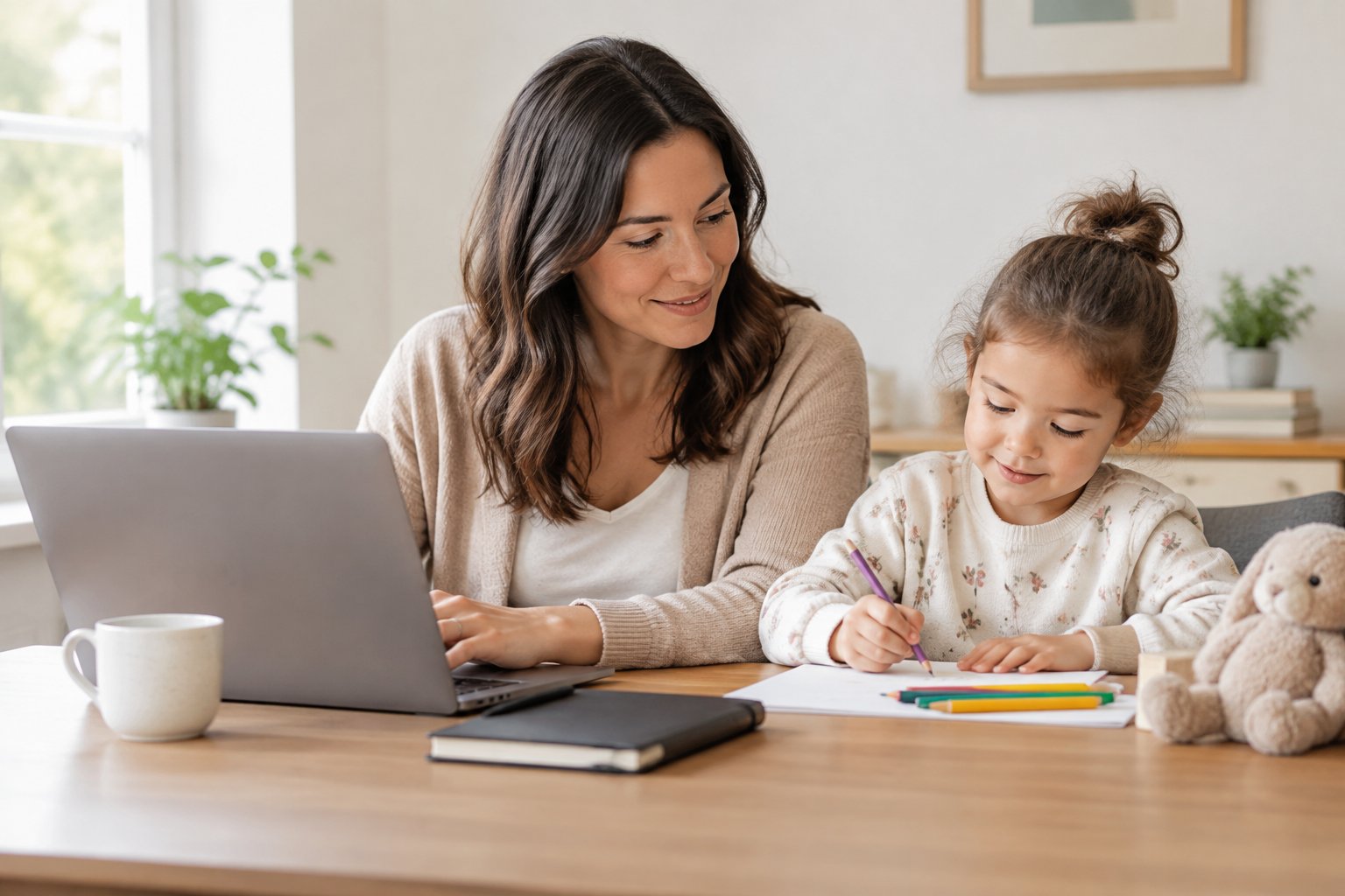 Eine Frau arbeitet am Laptop und unterstützt gleichzeitig ihr Kind am Tisch.